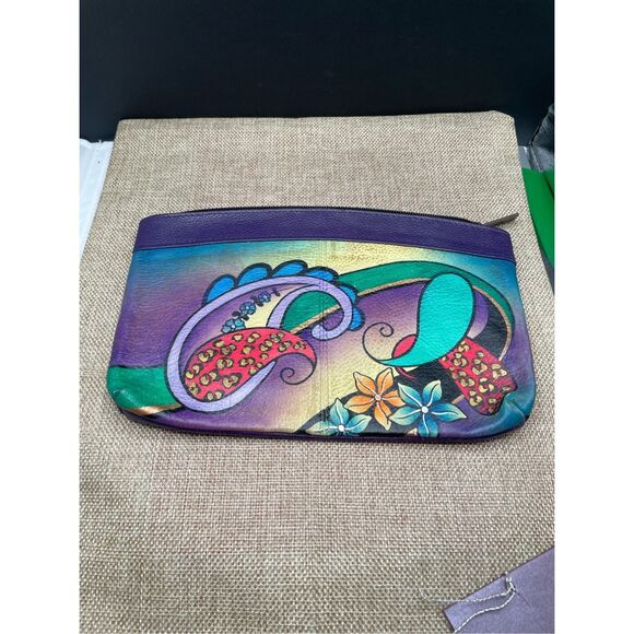 Anuschka Hand painted Leather Zip Bag Cosmetic Bag Clutch Paisley SOU48GJM-U - Picture 3 of 10
